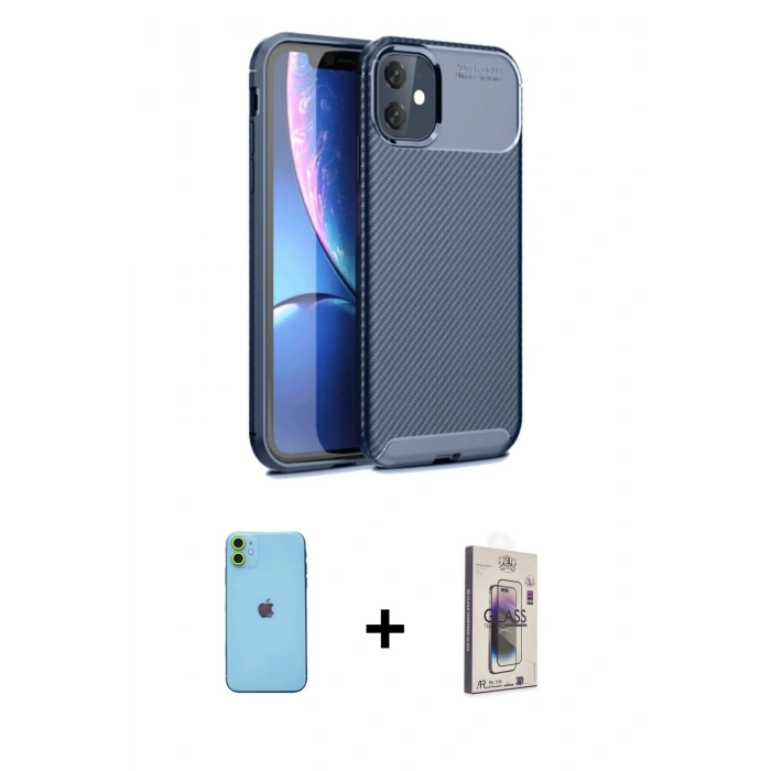 MARSİLYAN™- iPhone 11 Kılıf Eksen Form Prime - Siyah Bilvis 3D Cam Ekran Koruyucu + Neon Fosforlu Kamera Lens - YL