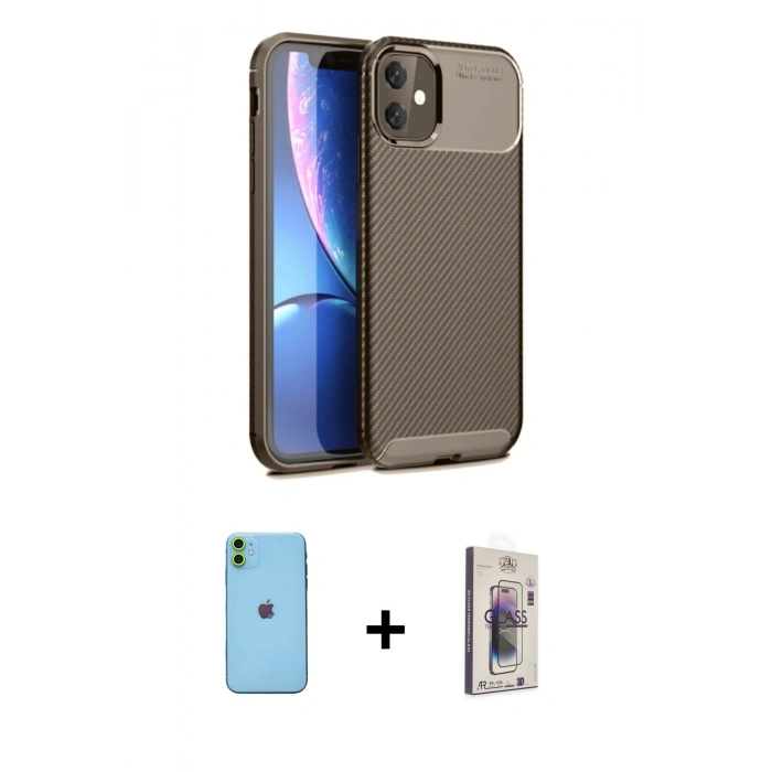 MARSİLYAN™- iPhone 11 Kılıf Eksen Form Prime - Siyah Bilvis 3D Cam Ekran Koruyucu + Neon Fosforlu Kamera Lens - YL