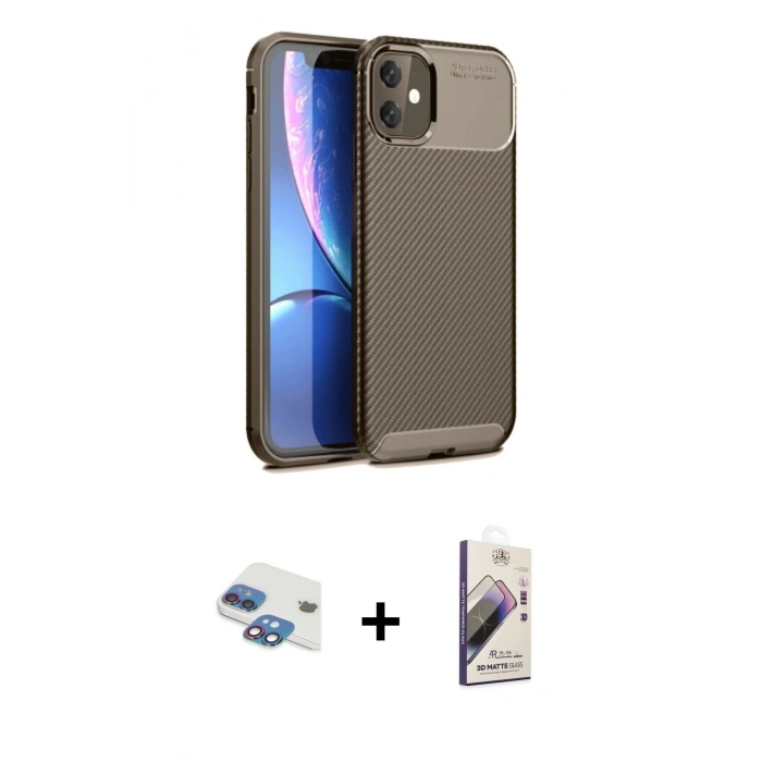 MARSİLYAN™- iPhone 11 Kılıf Eksen Form Prime - Siyah Bilvis 3D Mat Cam Ekran Koruyucu + Pers Alüminyum Kamera Lens - GI