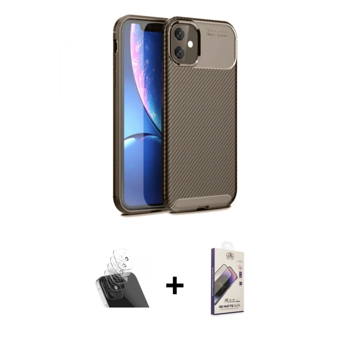 MARSİLYAN™- iPhone 11 Kılıf Eksen Form Prime - Siyah Bilvis 3D Mat Cam Ekran Koruyucu + Kamera Lens Koruma Cam - SF