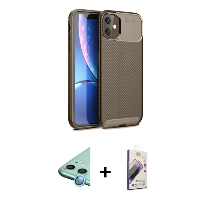 MARSİLYAN™- iPhone 11 Kılıf Eksen Form Prime - Siyah Bilvis 3D Mat Cam Ekran Koruyucu + Raze Metal Kamera Lens - MI