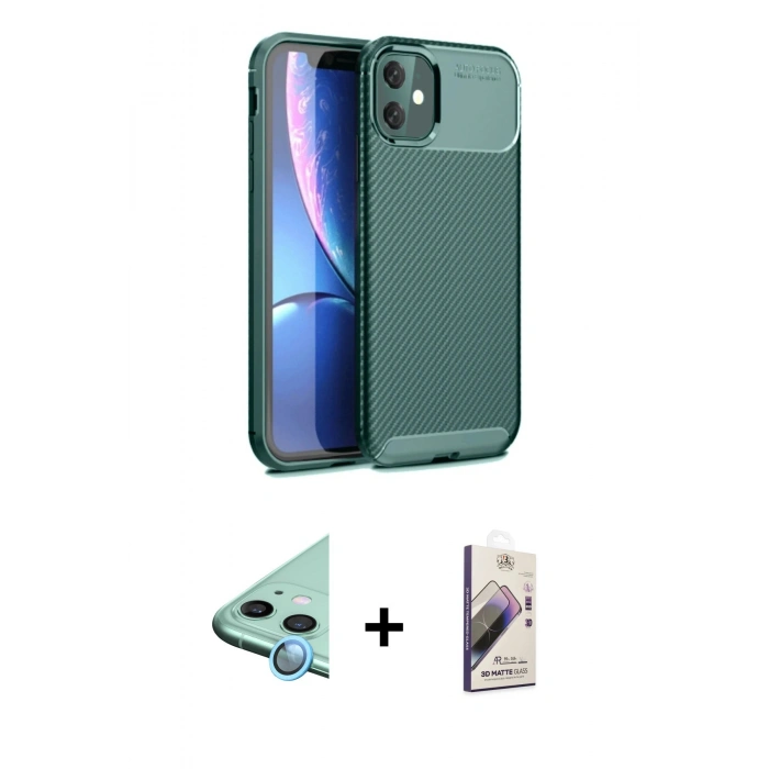 MARSİLYAN™- iPhone 11 Kılıf Eksen Form Prime - Siyah Bilvis 3D Mat Cam Ekran Koruyucu + Raze Metal Kamera Lens - MI
