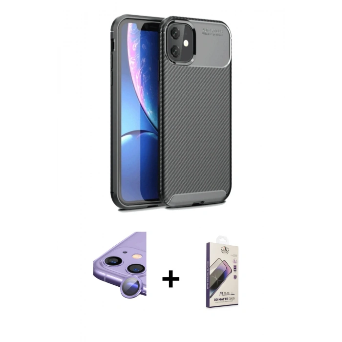 MARSİLYAN™- iPhone 11 Kılıf Eksen Form Prime - Siyah Bilvis 3D Mat Cam Ekran Koruyucu + Raze Metal Kamera Lens - MR