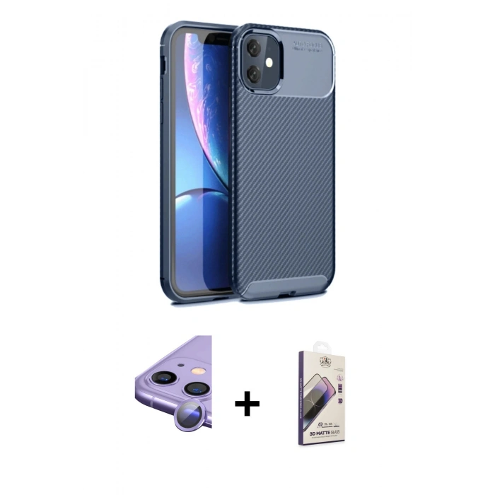 MARSİLYAN™- iPhone 11 Kılıf Eksen Form Prime - Siyah Bilvis 3D Mat Cam Ekran Koruyucu + Raze Metal Kamera Lens - MR