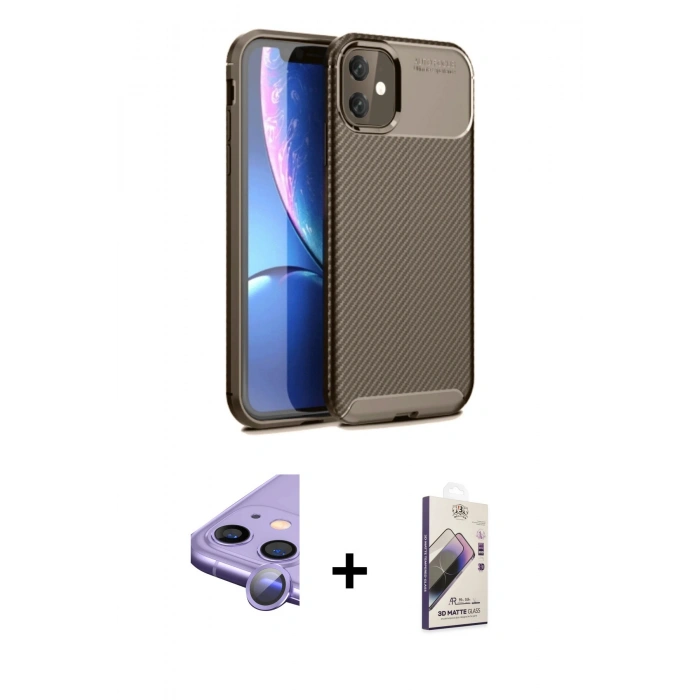 MARSİLYAN™- iPhone 11 Kılıf Eksen Form Prime - Siyah Bilvis 3D Mat Cam Ekran Koruyucu + Raze Metal Kamera Lens - MR