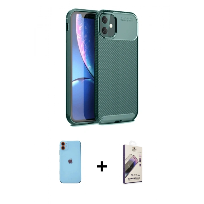 MARSİLYAN™- iPhone 11 Kılıf Eksen Form Prime - Siyah Bilvis 3D Mat Cam Ekran Koruyucu + Neon Fosforlu Kamera Lens - TU