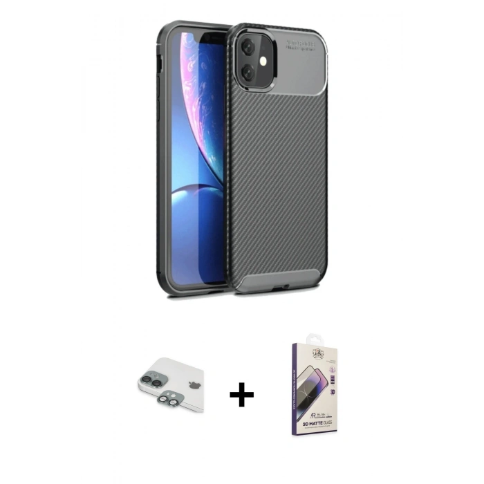 MARSİLYAN™- iPhone 11 Kılıf Eksen Form Prime - Siyah Bilvis 3D Mat Cam Ekran Koruyucu + Pers Alüminyum Kamera Lens - YL