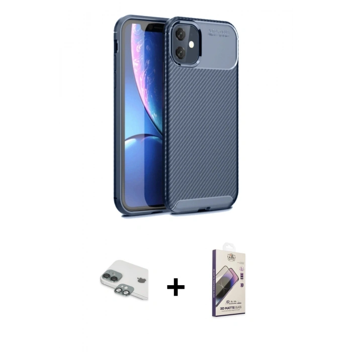 MARSİLYAN™- iPhone 11 Kılıf Eksen Form Prime - Siyah Bilvis 3D Mat Cam Ekran Koruyucu + Pers Alüminyum Kamera Lens - YL