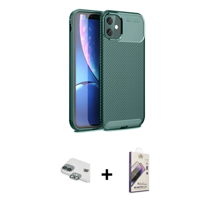 MARSİLYAN™- iPhone 11 Kılıf Eksen Form Prime - Siyah Bilvis 3D Mat Cam Ekran Koruyucu + Pers Alüminyum Kamera Lens - YL