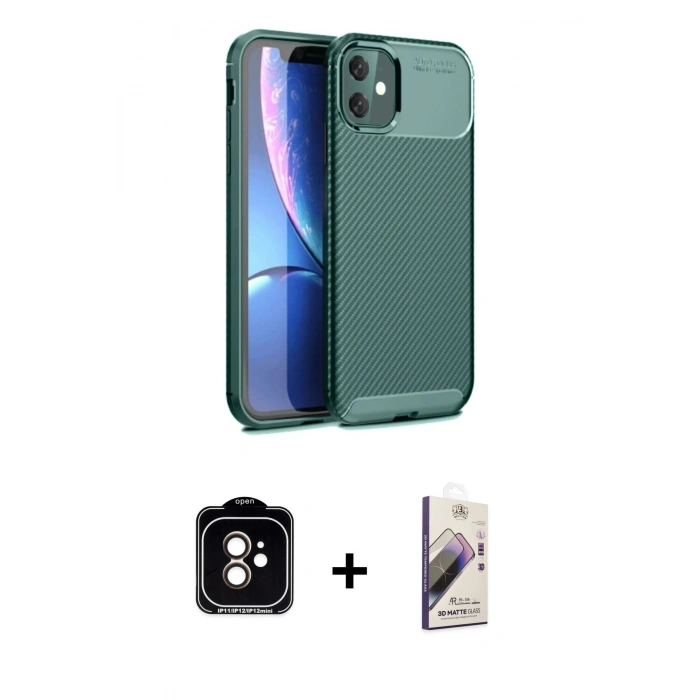MARSİLYAN™- iPhone 11 Kılıf Eksen Form Prime - Siyah Bilvis 3D Mat Cam Ekran Koruyucu + PVD Metal Kamera Lens - TU