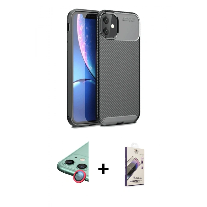 MARSİLYAN™- iPhone 11 Kılıf Eksen Form Prime - Siyah Bilvis 3D Mat Cam Ekran Koruyucu + Raze Metal Kamera Lens - KI