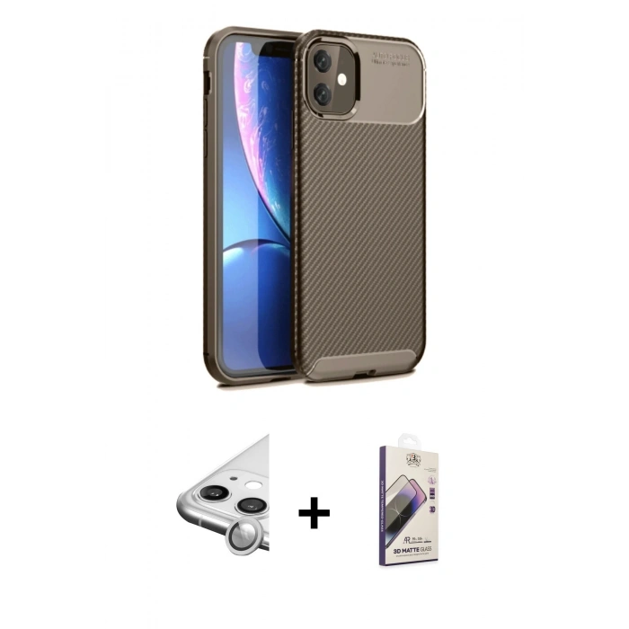 MARSİLYAN™- iPhone 11 Kılıf Eksen Form Prime - Siyah Bilvis 3D Mat Cam Ekran Koruyucu + Raze Metal Kamera Lens - GS