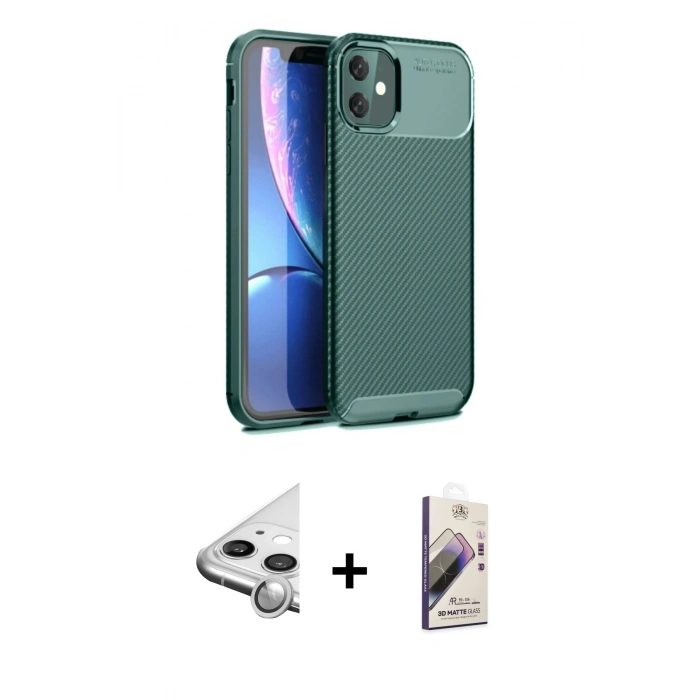 MARSİLYAN™- iPhone 11 Kılıf Eksen Form Prime - Siyah Bilvis 3D Mat Cam Ekran Koruyucu + Raze Metal Kamera Lens - GS