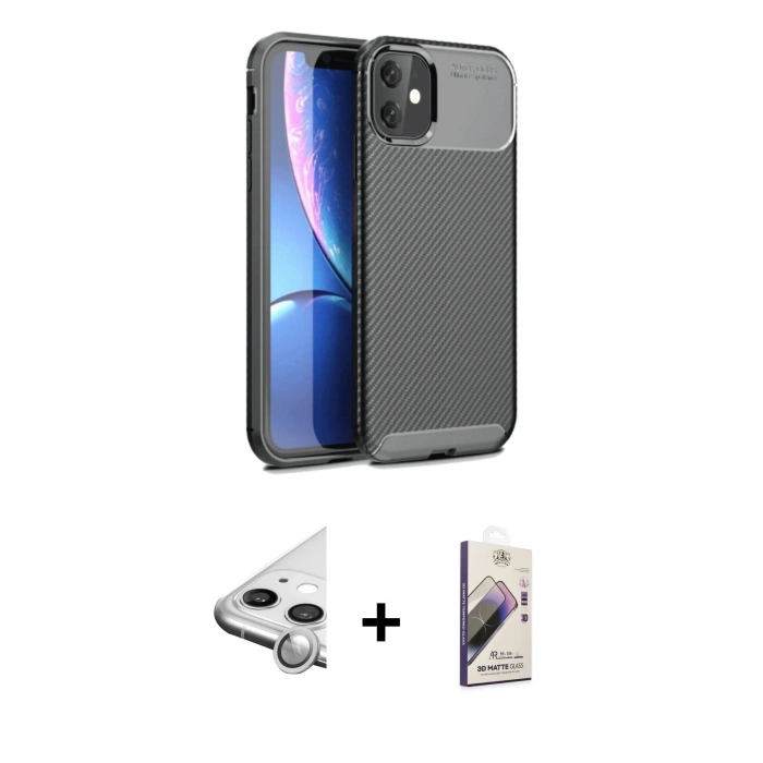 MARSİLYAN™- iPhone 11 Kılıf Eksen Form Prime - Siyah Bilvis 3D Mat Cam Ekran Koruyucu + Raze Metal Kamera Lens - GS