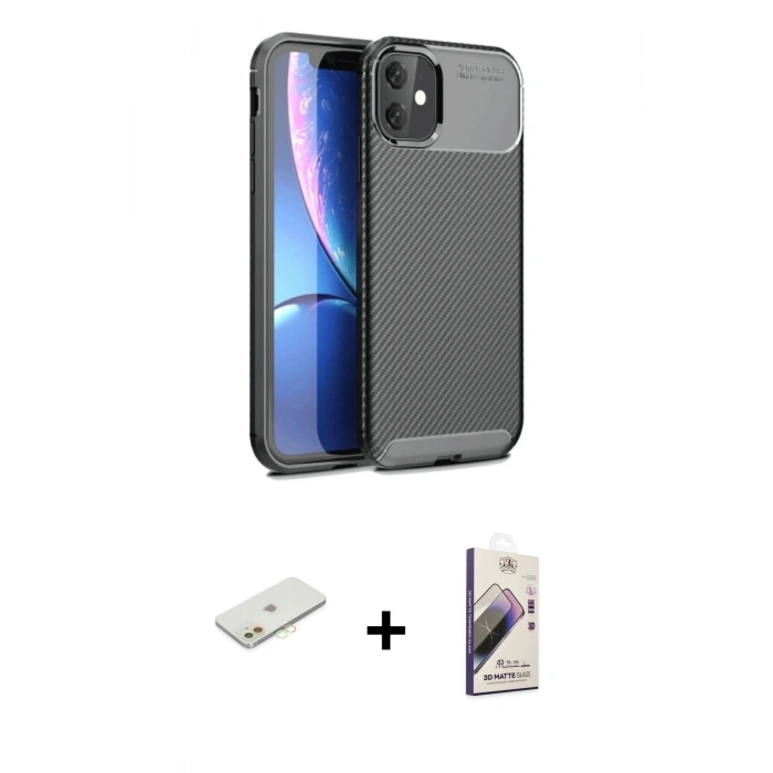 MARSİLYAN™- iPhone 11 Kılıf Eksen Form Prime - Siyah Bilvis 3D Mat Cam Ekran Koruyucu + Renkli Kamera Lens Koruma Cam - TU