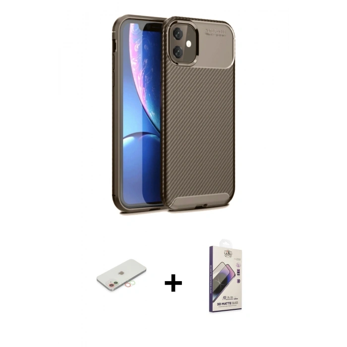 MARSİLYAN™- iPhone 11 Kılıf Eksen Form Prime - Siyah Bilvis 3D Mat Cam Ekran Koruyucu + Renkli Kamera Lens Koruma Cam - YL