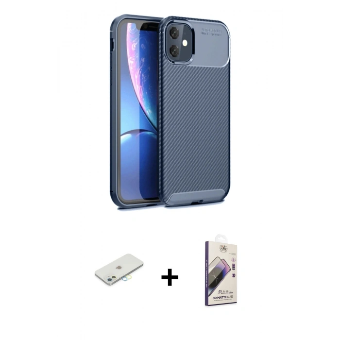 MARSİLYAN™- iPhone 11 Kılıf Eksen Form Prime - Siyah Bilvis 3D Mat Cam Ekran Koruyucu + Renkli Kamera Lens Koruma Cam - SI