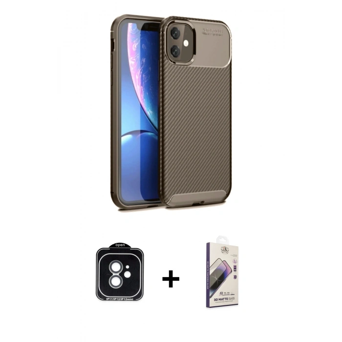 MARSİLYAN™- iPhone 11 Kılıf Eksen Form Prime - Siyah Bilvis 3D Mat Cam Ekran Koruyucu + PVD Metal Kamera Lens - YL
