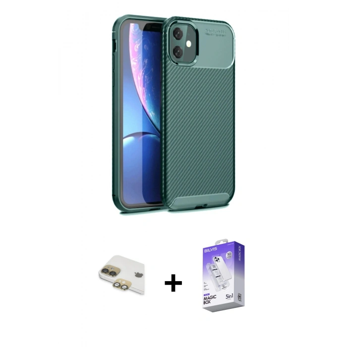 MARSİLYAN™- iPhone 11 Kılıf Eksen Form Prime - Siyah Bilvis 5in1 3D Magic Cam Ekran Koruyucu + Pers Alüminyum Kamera Lens - GD