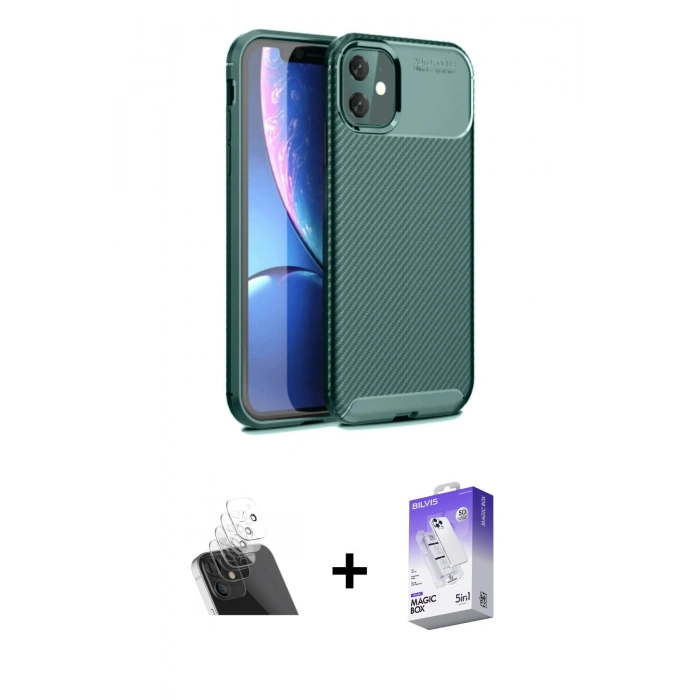 MARSİLYAN™- iPhone 11 Kılıf Eksen Form Prime - Siyah Bilvis 5in1 3D Magic Cam Ekran Koruyucu + Kamera Lens Koruma Cam - SF