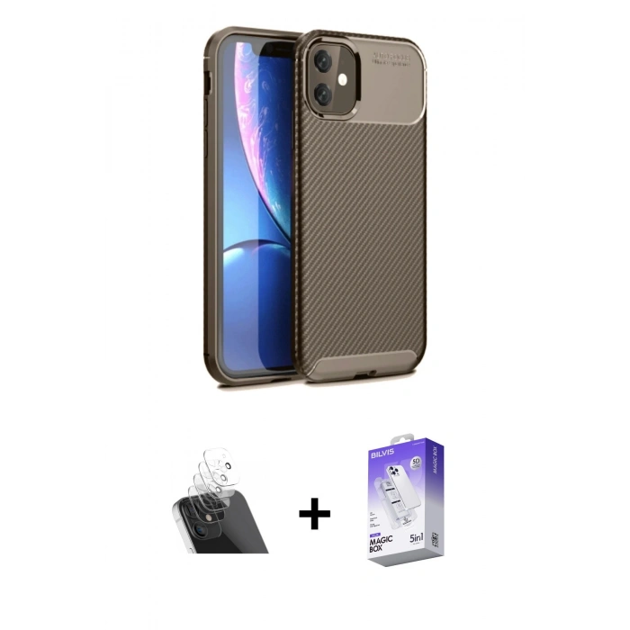MARSİLYAN™- iPhone 11 Kılıf Eksen Form Prime - Siyah Bilvis 5in1 3D Magic Cam Ekran Koruyucu + Kamera Lens Koruma Cam - SF