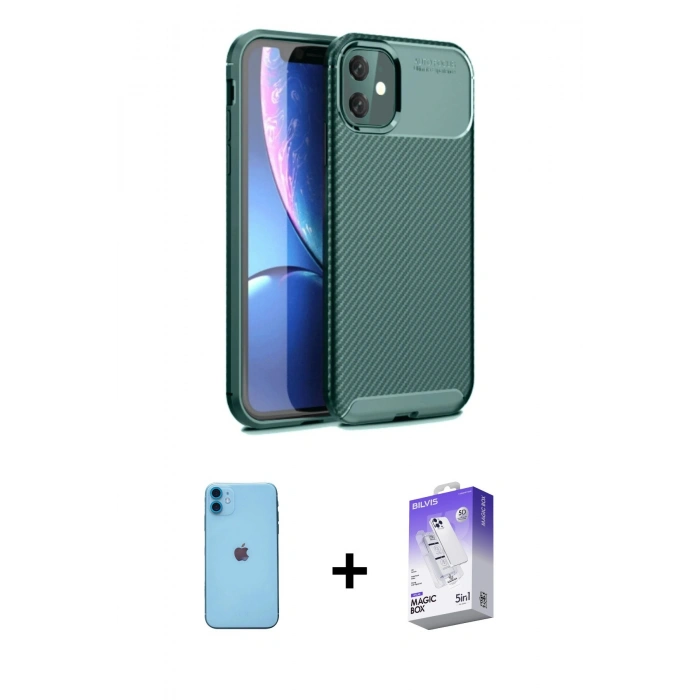 MARSİLYAN™- iPhone 11 Kılıf Eksen Form Prime - Siyah Bilvis 5in1 3D Magic Cam Ekran Koruyucu + Neon Fosforlu Kamera Lens - MI