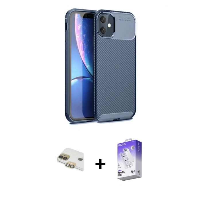 MARSİLYAN™- iPhone 11 Kılıf Eksen Form Prime - Siyah Bilvis 5in1 3D Magic Cam Ekran Koruyucu + Pers Alüminyum Kamera Lens - GD