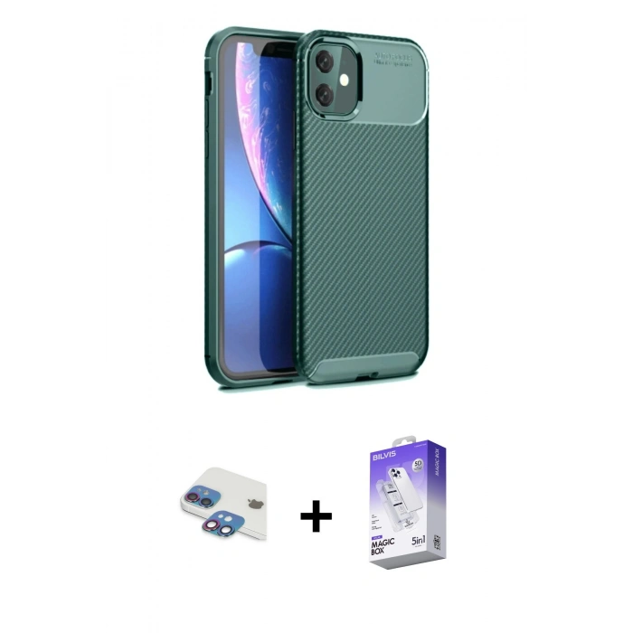 MARSİLYAN™- iPhone 11 Kılıf Eksen Form Prime - Siyah Bilvis 5in1 3D Magic Cam Ekran Koruyucu + Pers Alüminyum Kamera Lens - GI