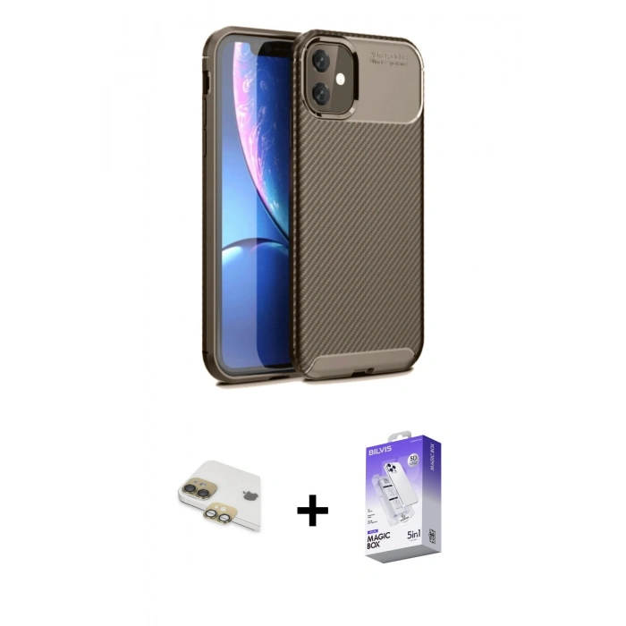 MARSİLYAN™- iPhone 11 Kılıf Eksen Form Prime - Siyah Bilvis 5in1 3D Magic Cam Ekran Koruyucu + Pers Alüminyum Kamera Lens - GD