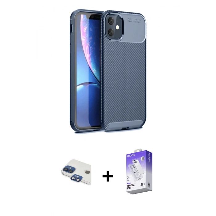 MARSİLYAN™- iPhone 11 Kılıf Eksen Form Prime - Siyah Bilvis 5in1 3D Magic Cam Ekran Koruyucu + Pers Alüminyum Kamera Lens - LT