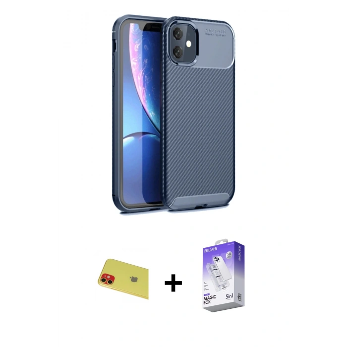 MARSİLYAN™- iPhone 11 Kılıf Eksen Form Prime - Siyah Bilvis 5in1 3D Magic Cam Ekran Koruyucu + Rainbow Kamera Lens Koruma Cam - KI