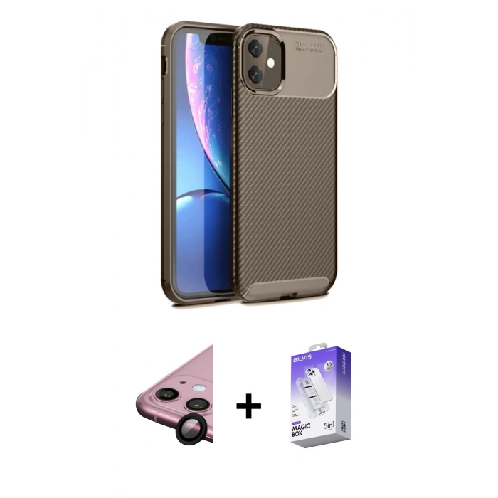 MARSİLYAN™- iPhone 11 Kılıf Eksen Form Prime - Siyah Bilvis 5in1 3D Magic Cam Ekran Koruyucu + Raze Metal Kamera Lens - SH