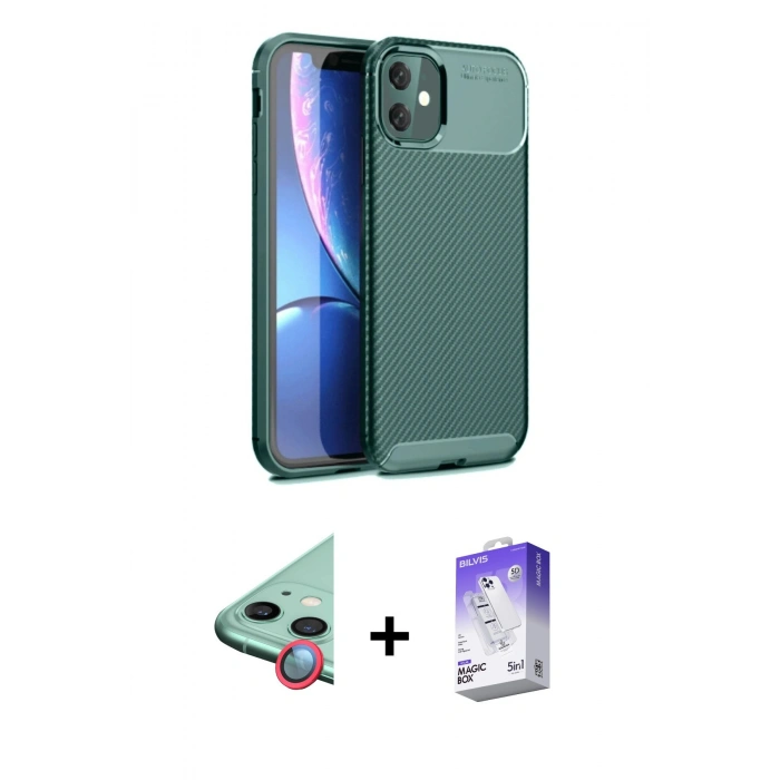 MARSİLYAN™- iPhone 11 Kılıf Eksen Form Prime - Siyah Bilvis 5in1 3D Magic Cam Ekran Koruyucu + Raze Metal Kamera Lens - KI