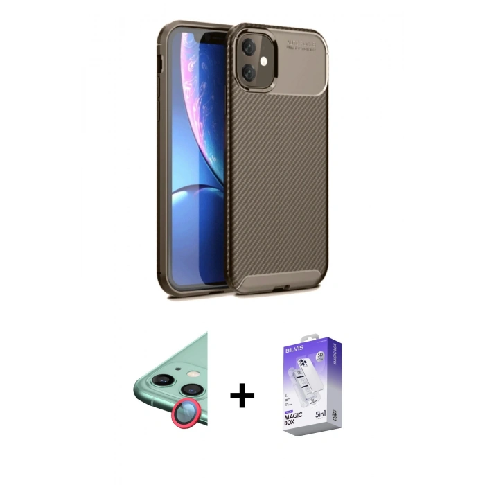 MARSİLYAN™- iPhone 11 Kılıf Eksen Form Prime - Siyah Bilvis 5in1 3D Magic Cam Ekran Koruyucu + Raze Metal Kamera Lens - KI