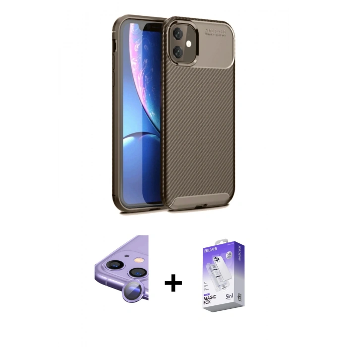 MARSİLYAN™- iPhone 11 Kılıf Eksen Form Prime - Siyah Bilvis 5in1 3D Magic Cam Ekran Koruyucu + Raze Metal Kamera Lens - MR