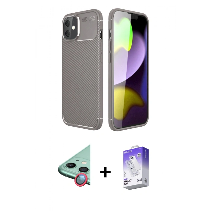 MARSİLYAN™- iPhone 11 Kılıf Eksen Form Prime - Siyah Bilvis 5in1 3D Magic Cam Ekran Koruyucu + Raze Metal Kamera Lens - KI