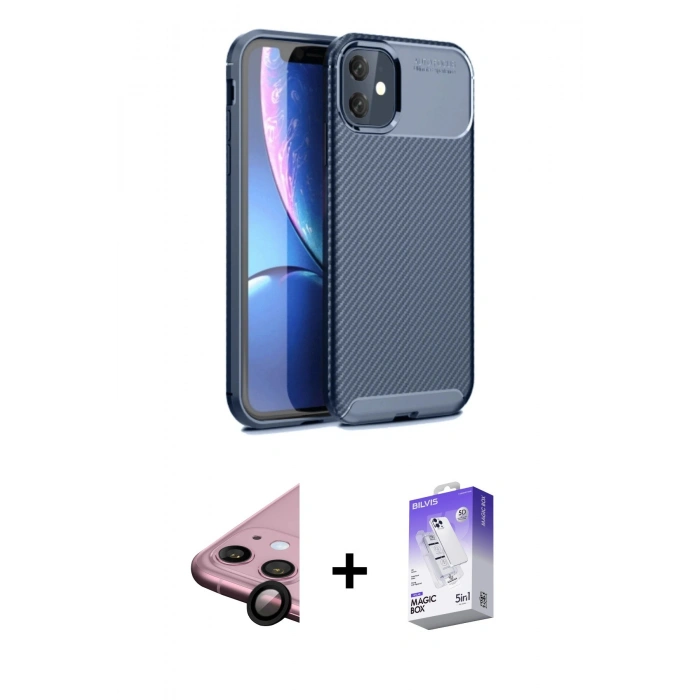 MARSİLYAN™- iPhone 11 Kılıf Eksen Form Prime - Siyah Bilvis 5in1 3D Magic Cam Ekran Koruyucu + Raze Metal Kamera Lens - SH