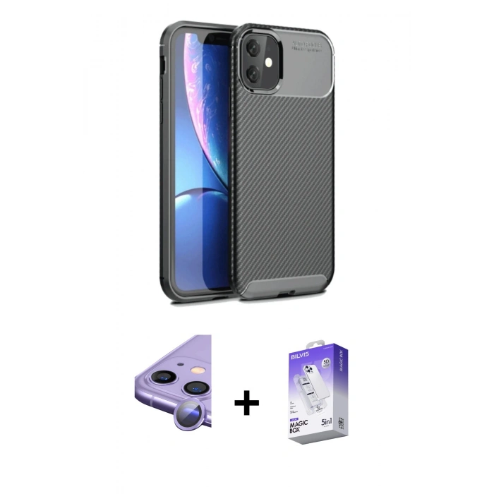 MARSİLYAN™- iPhone 11 Kılıf Eksen Form Prime - Siyah Bilvis 5in1 3D Magic Cam Ekran Koruyucu + Raze Metal Kamera Lens - MR