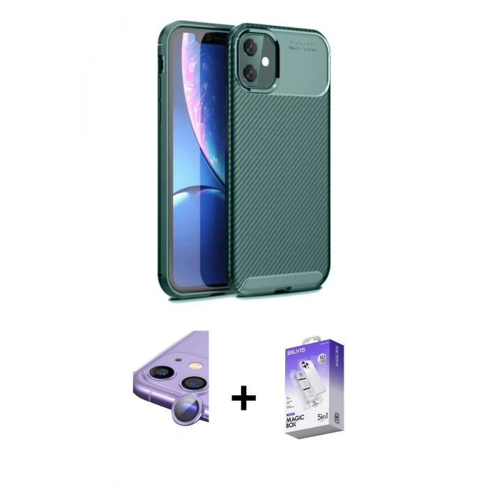 MARSİLYAN™- iPhone 11 Kılıf Eksen Form Prime - Siyah Bilvis 5in1 3D Magic Cam Ekran Koruyucu + Raze Metal Kamera Lens - MR