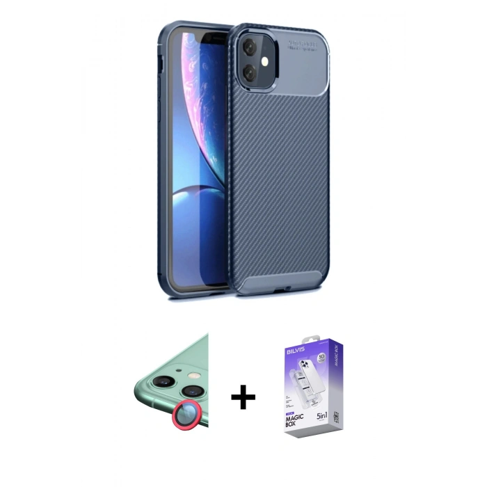 MARSİLYAN™- iPhone 11 Kılıf Eksen Form Prime - Siyah Bilvis 5in1 3D Magic Cam Ekran Koruyucu + Raze Metal Kamera Lens - KI