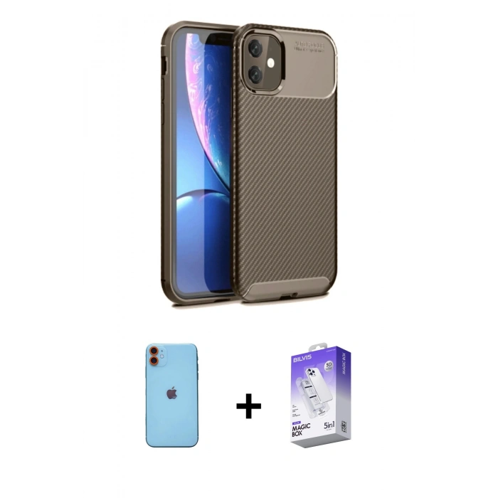 MARSİLYAN™- iPhone 11 Kılıf Eksen Form Prime - Siyah Bilvis 5in1 3D Magic Cam Ekran Koruyucu + Neon Fosforlu Kamera Lens - TU