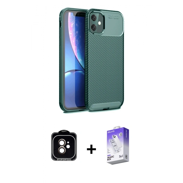MARSİLYAN™- iPhone 11 Kılıf Eksen Form Prime - Siyah Bilvis 5in1 3D Magic Cam Ekran Koruyucu + PVD Metal Kamera Lens - TU