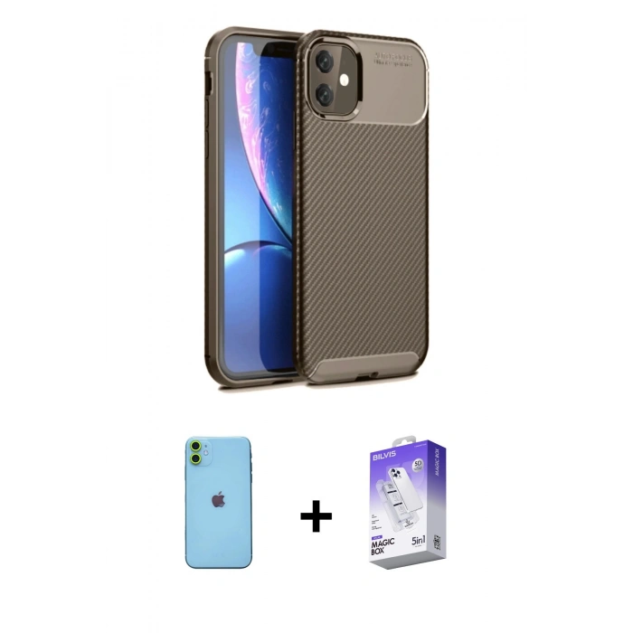MARSİLYAN™- iPhone 11 Kılıf Eksen Form Prime - Siyah Bilvis 5in1 3D Magic Cam Ekran Koruyucu + Yeşil Neon Fosforlu Kamera Lens