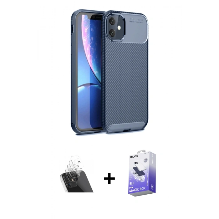MARSİLYAN™- iPhone 11 Kılıf Eksen Form Prime - Siyah Bilvis 5in1 5D Magic Hayalet Cam Ekran Koruyucu + Kamera Lens Koruma Cam - SF