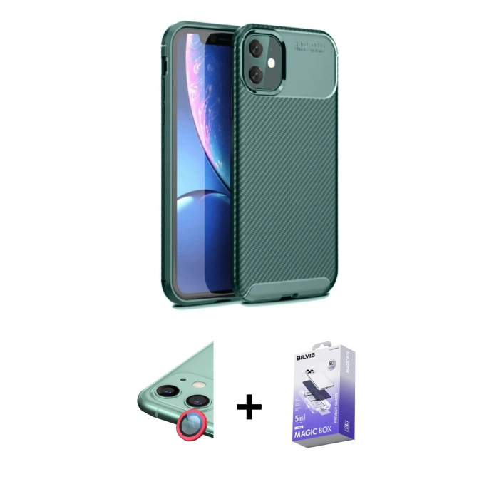 MARSİLYAN™- iPhone 11 Kılıf Eksen Form Prime - Siyah Bilvis 5in1 5D Magic Hayalet Cam Ekran Koruyucu + Raze Metal Kamera Lens - KI