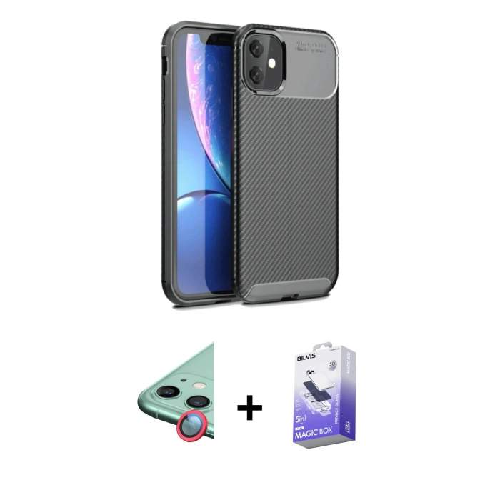 MARSİLYAN™- iPhone 11 Kılıf Eksen Form Prime - Siyah Bilvis 5in1 5D Magic Hayalet Cam Ekran Koruyucu + Raze Metal Kamera Lens - KI