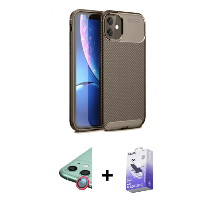 MARSİLYAN™- iPhone 11 Kılıf Eksen Form Prime - Siyah Bilvis 5in1 5D Magic Hayalet Cam Ekran Koruyucu + Raze Metal Kamera Lens - KI