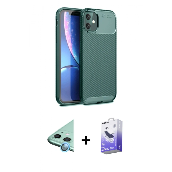 MARSİLYAN™- iPhone 11 Kılıf Eksen Form Prime - Siyah Bilvis 5in1 5D Magic Hayalet Cam Ekran Koruyucu + Raze Metal Kamera Lens - MI