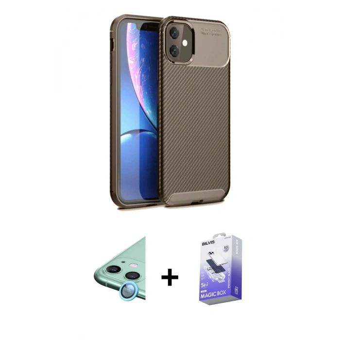 MARSİLYAN™- iPhone 11 Kılıf Eksen Form Prime - Siyah Bilvis 5in1 5D Magic Hayalet Cam Ekran Koruyucu + Raze Metal Kamera Lens - MI