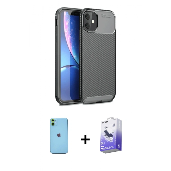 MARSİLYAN™- iPhone 11 Kılıf Eksen Form Prime - Siyah Bilvis 5in1 5D Magic Hayalet Cam Ekran Koruyucu + Neon Fosforlu Kamera Lens - YL